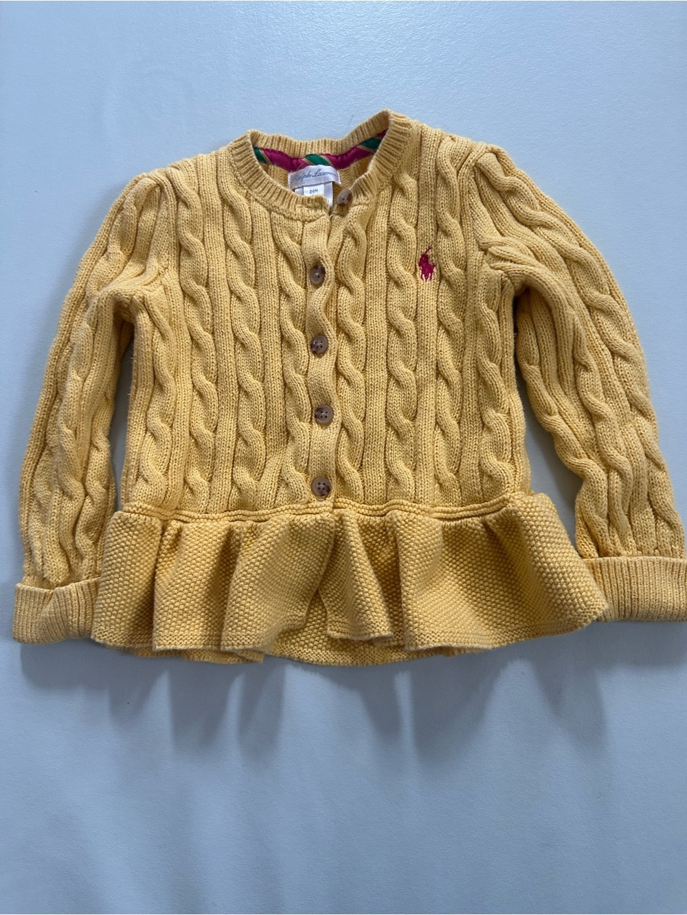 Ralph Lauren Girls' Mustard Yellow Cable-Knit Peplum Cardigan
